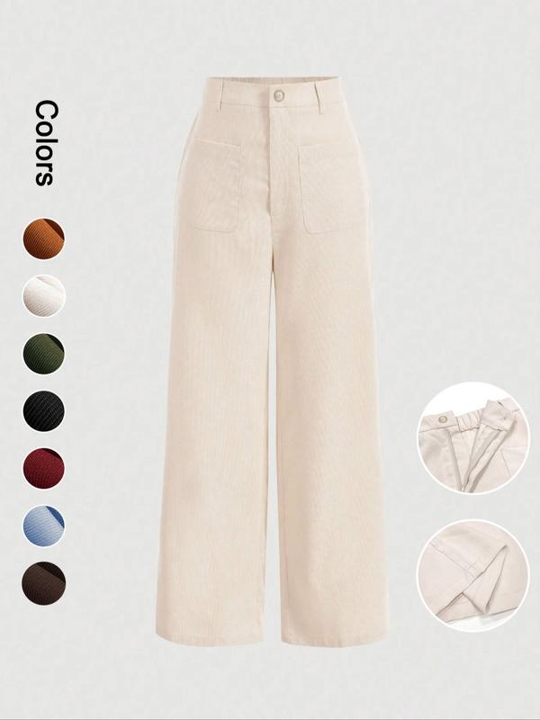 Women's Plain Pocket Button Front Wide Leg Pants, Casual High Waist Trousers for Daily Wear, Ladies Bottoms for All Seasons, Baggy Pants