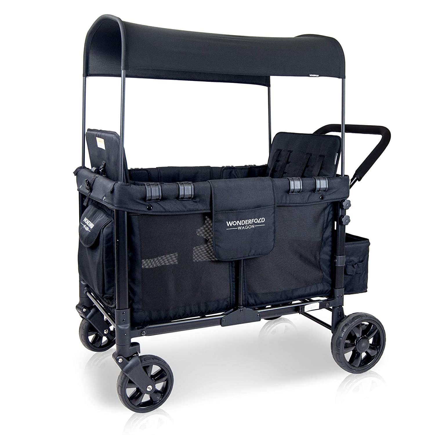 2026 Baby Multi-Function Four Passenger Wagon Folding Quad Stroller with Removable Reversible Canopy & Seats up to 4 Toddlers, Navy