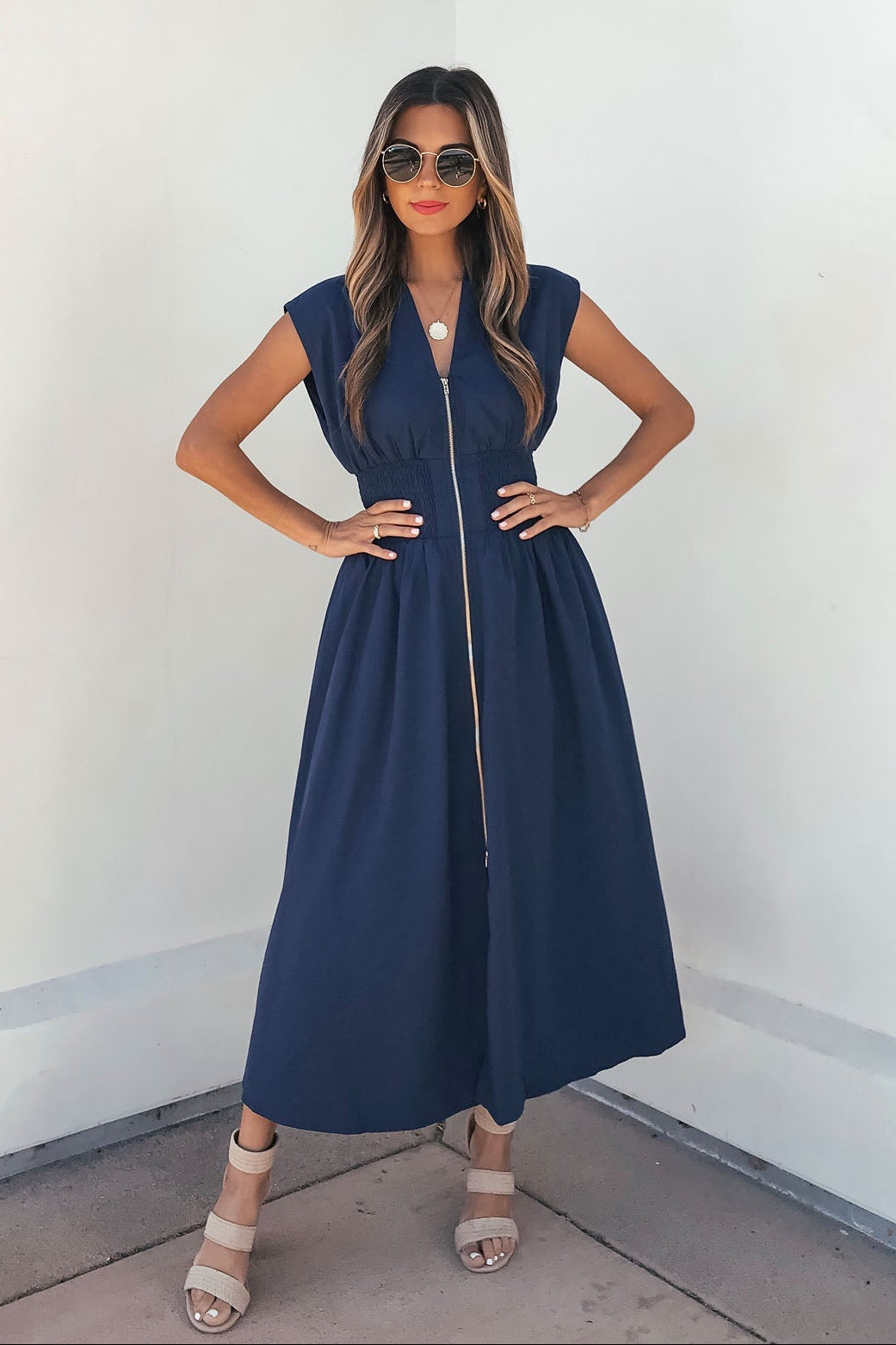 Solid Zip Up Front Midi Dress – Navy