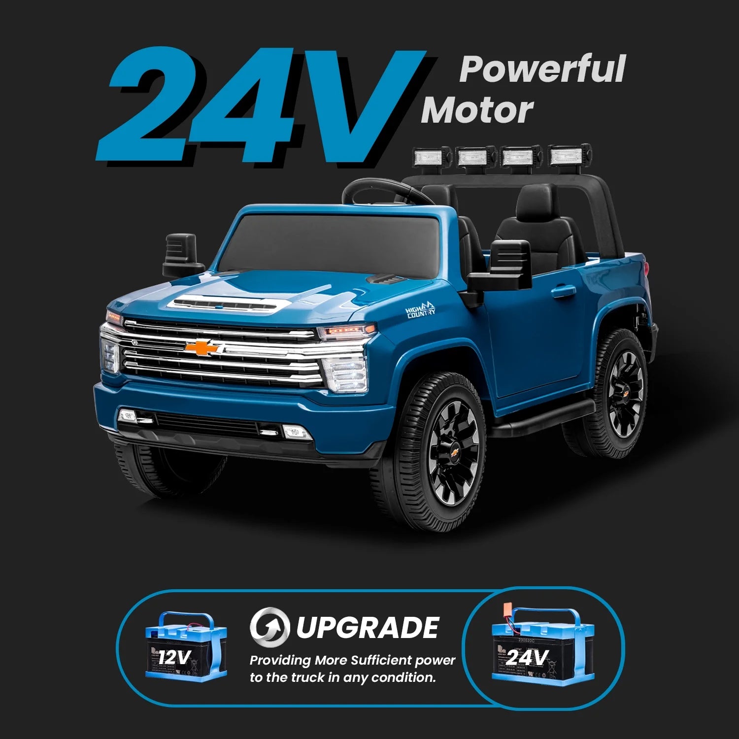 Track 7 24V Ride on Car, Licensed Silverado HD 2 Seater Electric Car for Boys Girls Age 3+, 24V Ride on Truck w/Remote Control, Music, ABC, Blue