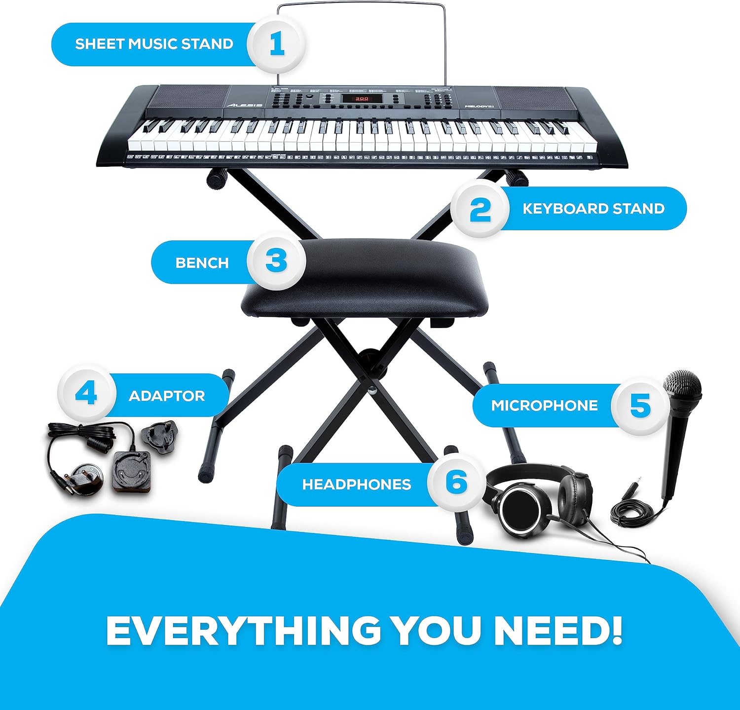 Alesis Melody 61 Key Keyboard Piano with Speakers, Stand, Stool, Headphones, Microphone, Sheet Music Stand, 300 Sounds and Music Lessons
