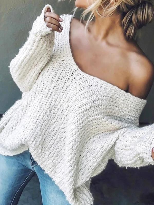 Women's Plain Drop Shoulder V Neck Sweater, Casual Long Sleeve Jumper for Spring & Fall, Fashion Women's Knitwear for Daily Wear