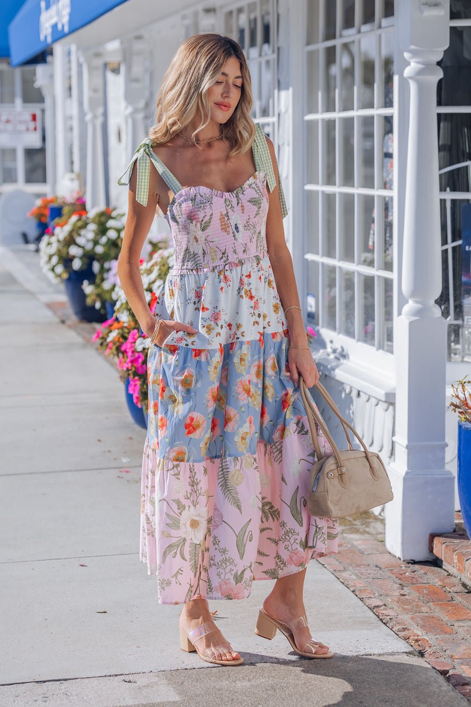 Multi Pink Floral Bow Strap Midi Dress