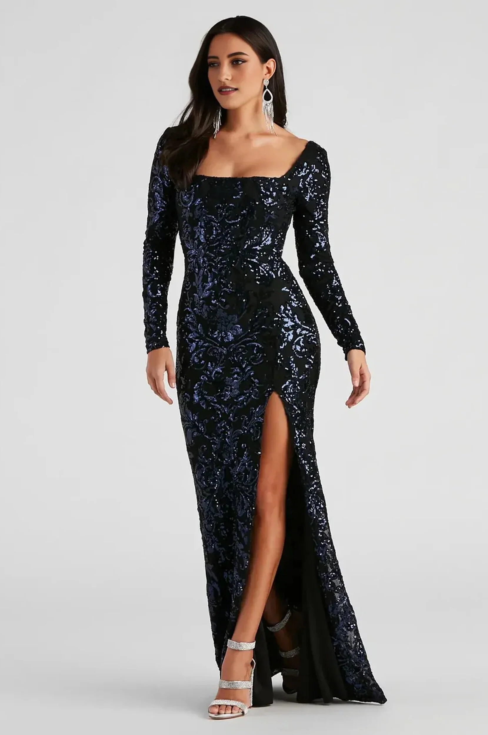 Formal Sequin Lace-Up Maxi Dress Navy