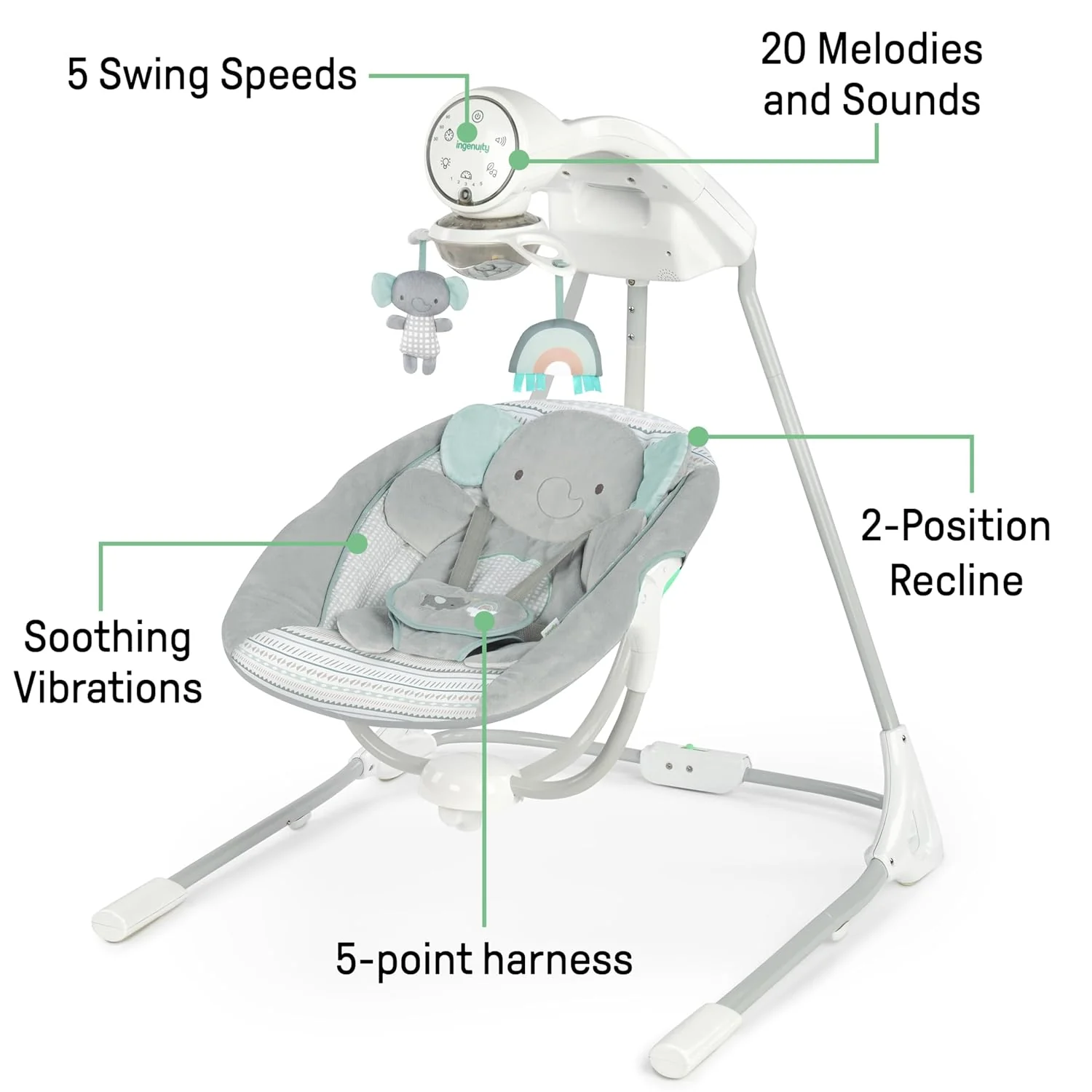 INGENUITY Inlighten 5-Speed Baby Swing with Swivel Seat