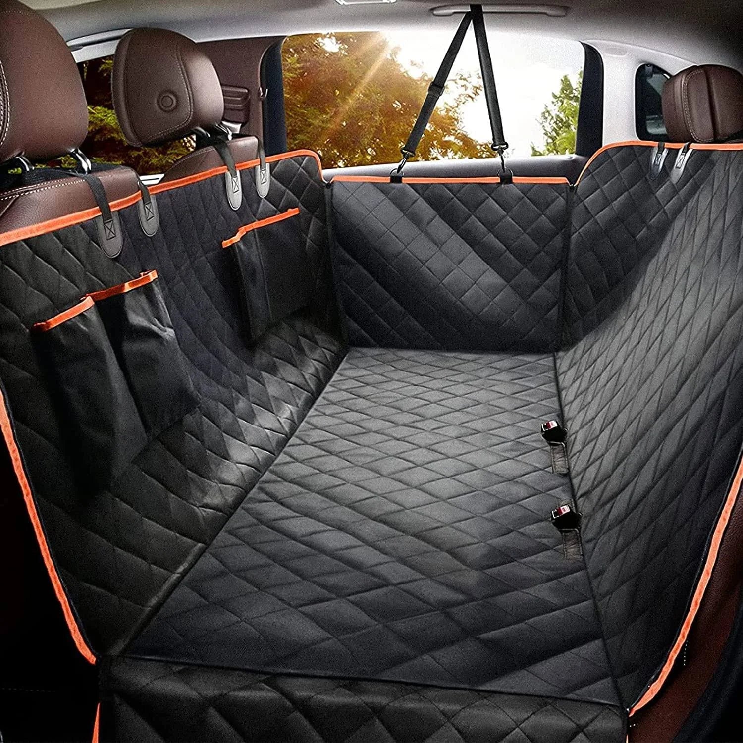 Giomoc Dog Car Seat Cover for Back Seat, Waterproof Seat Protector Scratchproof Pet Hammock with 4 Bags Side Flaps, Washable Nonslip Backseat