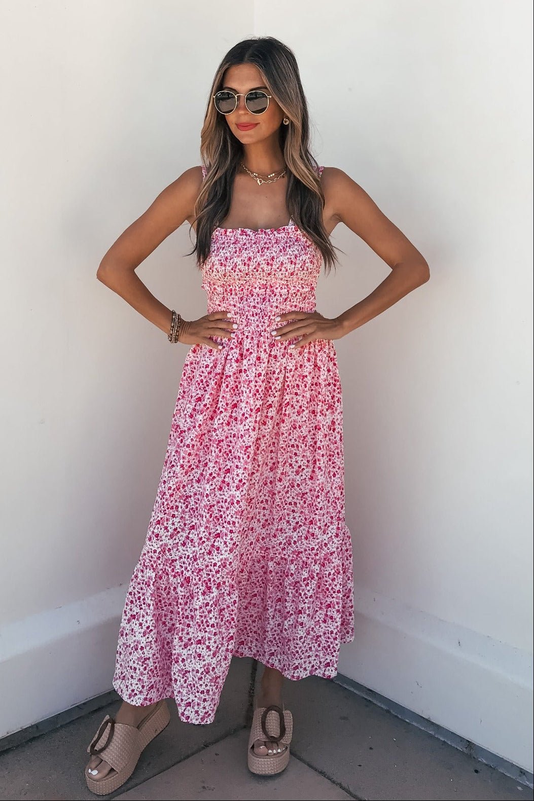 Smocked Bow Tie Print Midi Dress – Pink