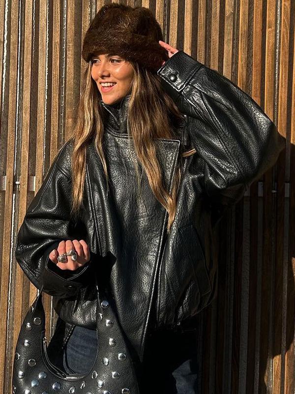 Faux Leather Stand Collar Oversized Moto Jacket, Elastic Hem Streetwear, Casual Long Sleeve Water- and Wind-Resistant Outerwear for Spring & Fall, Ladies Clothes for Daily Wear, Chic Outerwear
