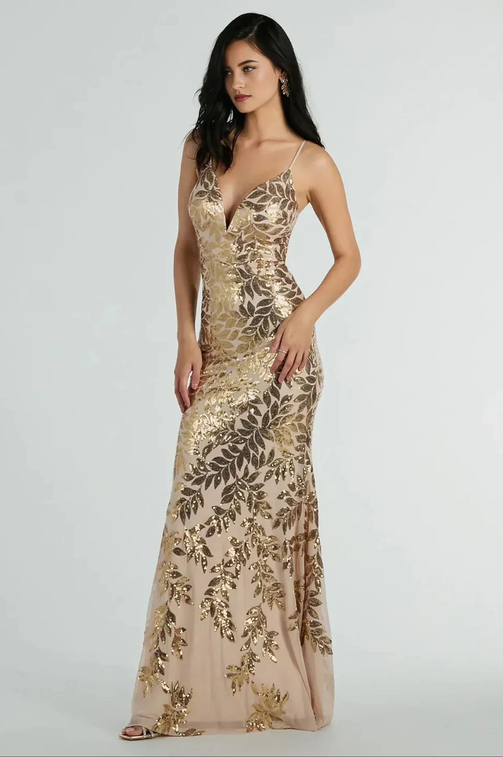 Formal Sequin Leaf Plunge Mermaid Maxi Dress Gold