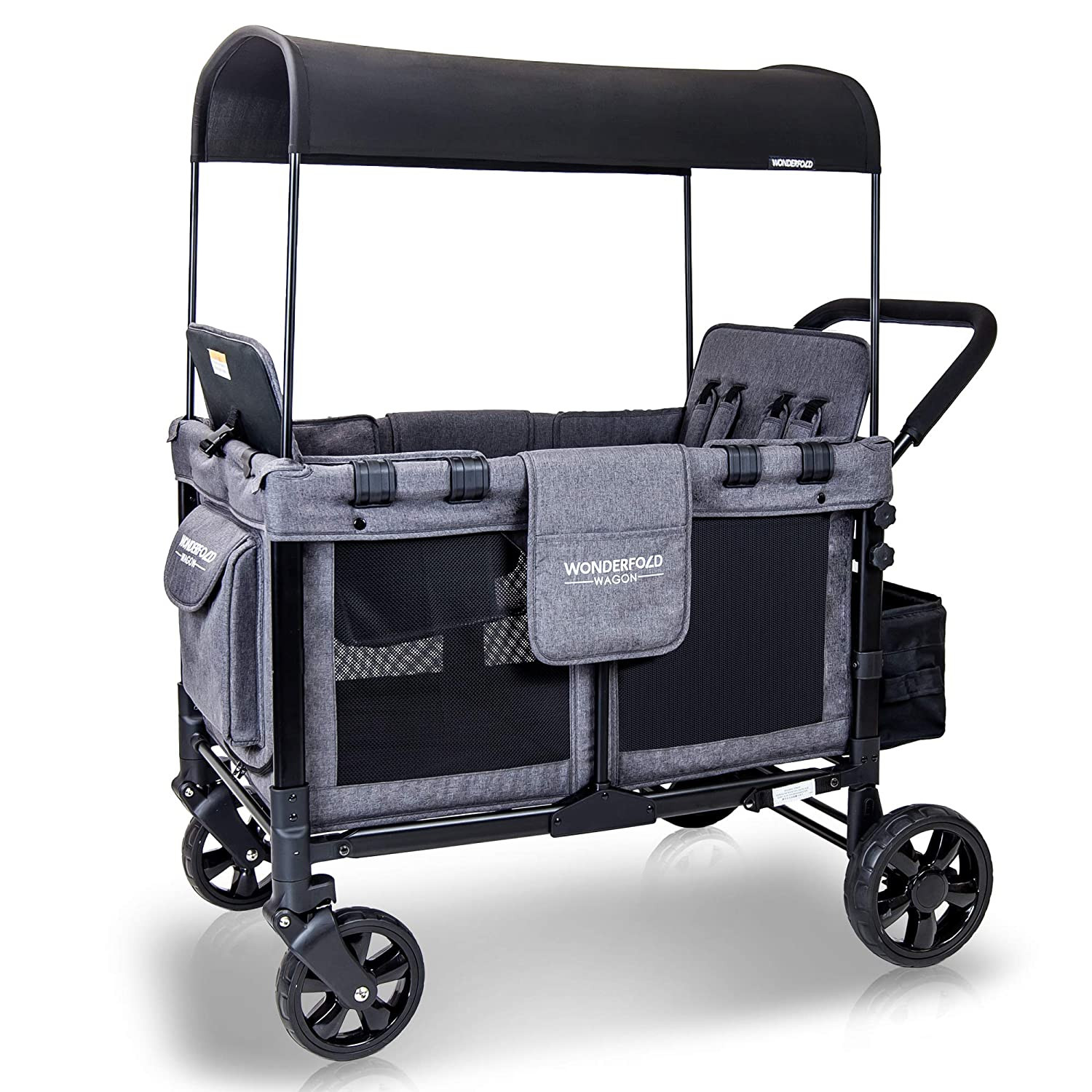 2026 Baby Multi-Function Four Passenger Wagon Folding Quad Stroller with Removable Reversible Canopy & Seats up to 4 Toddlers, Navy