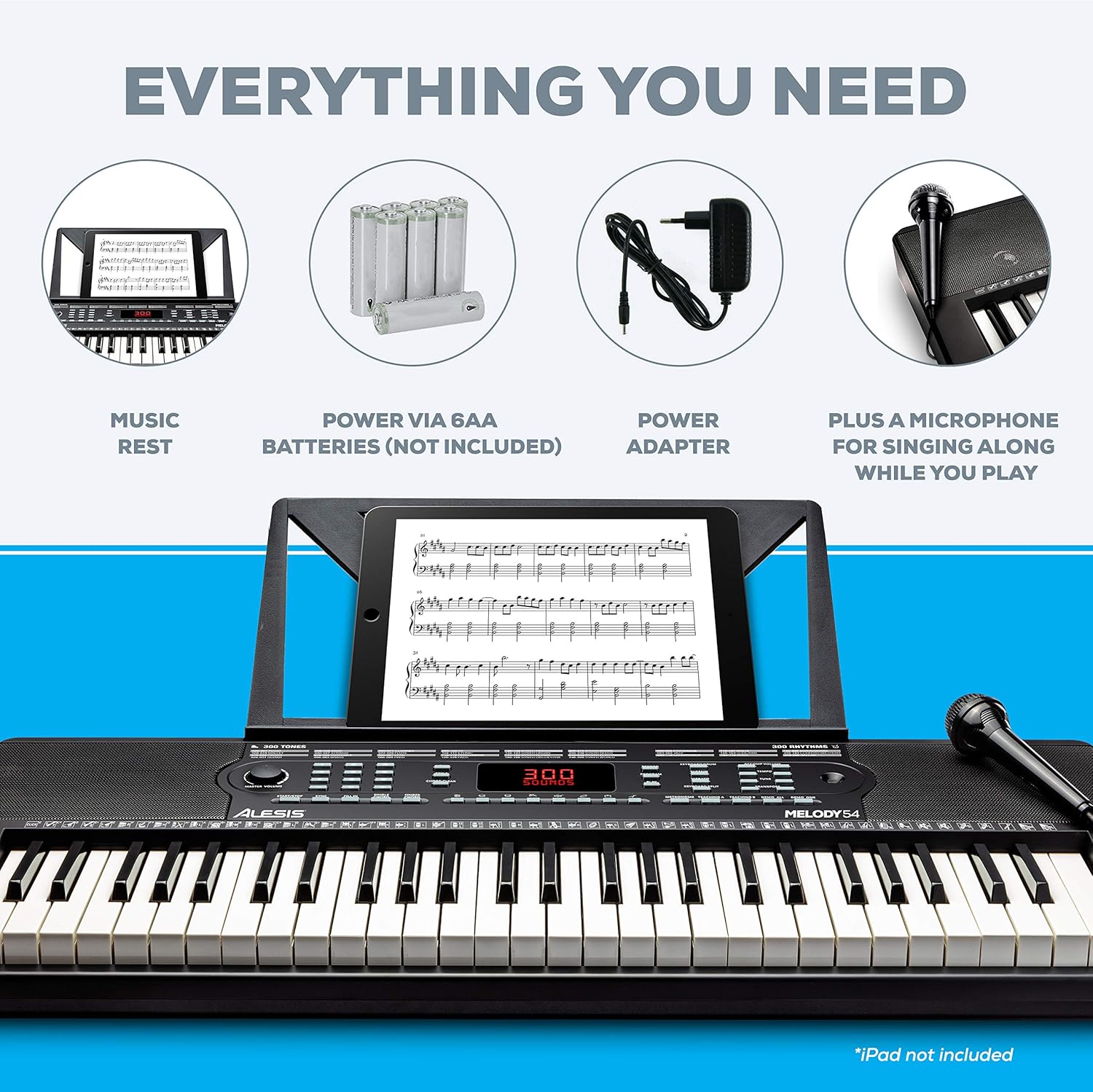 Alesis Melody 61 Key Keyboard Piano with Speakers, Stand, Stool, Headphones, Microphone, Sheet Music Stand, 300 Sounds and Music Lessons