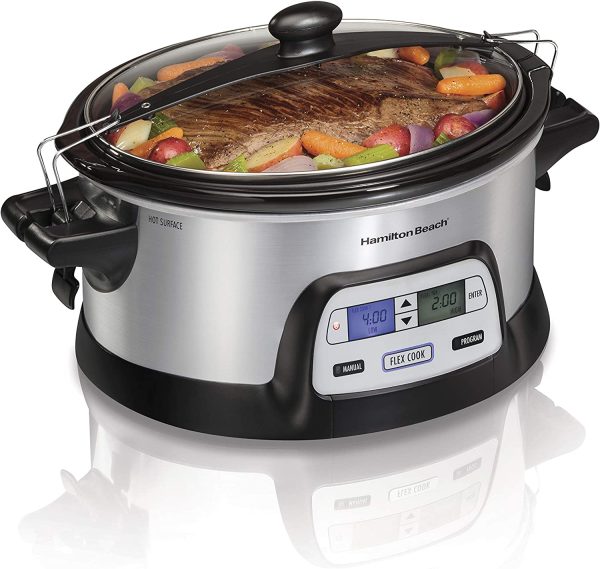 33861 Portable Programmable Slow Cooker, Dishwasher Safe Crock, 6 Qt, FlexCook Dual Digital Timer/2 Heat Settings, Lid Lock for Easy Travel, Silver