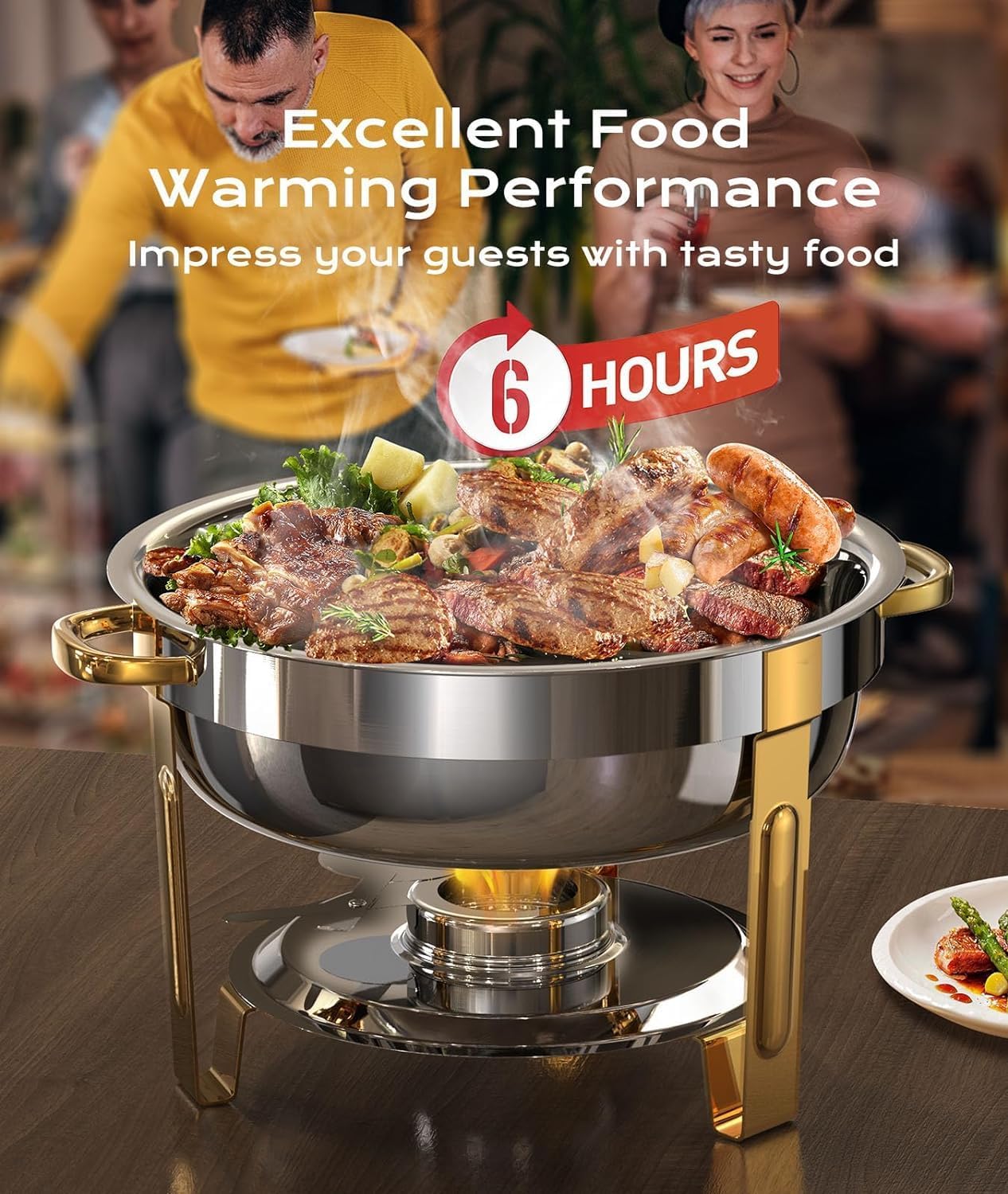 Chafing Dishes for Buffet 4 Pack, 5QT [Worry-Free Assemble] Round Chafing Dish Buffet Set [Elegant Gold and Silver Colors] Stainless Steel Chafers and Buffet Warmers Sets for Parties with Complete Set