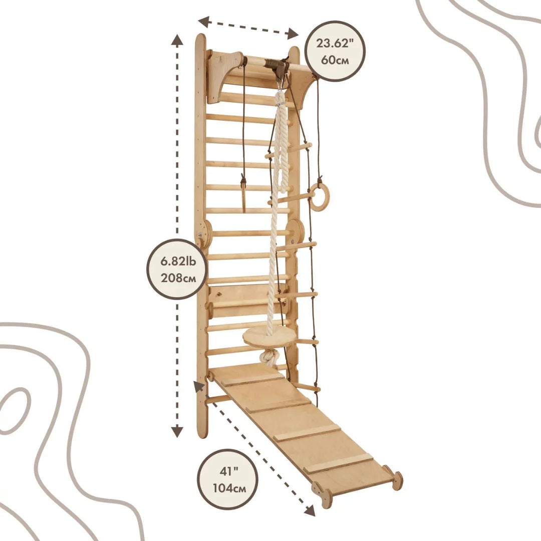 3in1 Swedish Ladder Wall Set: Climbing ladder for Children + Swing Set + Slide Board - Indore Montessori Wooden Play Gym for Toddlers