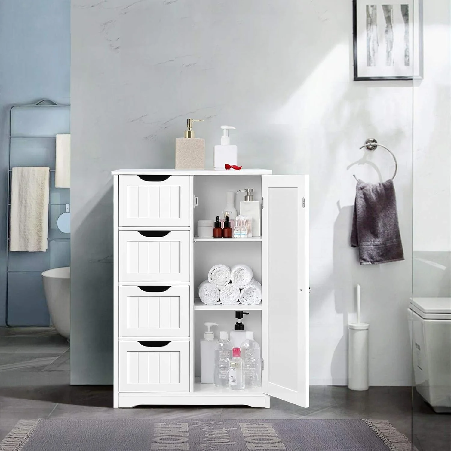 YAHEETECH Wooden Floor Cabinet with 4 Drawers & Cupboard