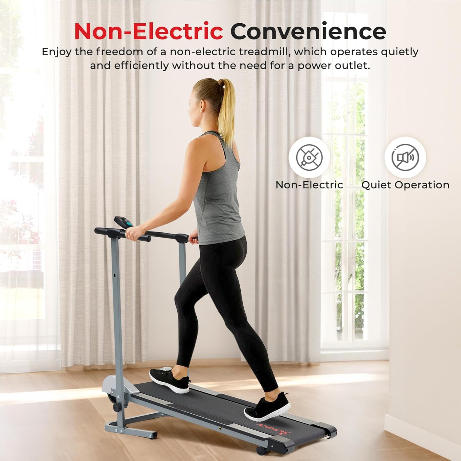 Sunny Health & Fitness Manual Walking Pad Treadmill for Home, Non-Electric, Fixed Incline, Compact with Handle Bar, Digital Monitor, Non-Slip Surface, Optional Free SunnyFit App Bluetooth Connection