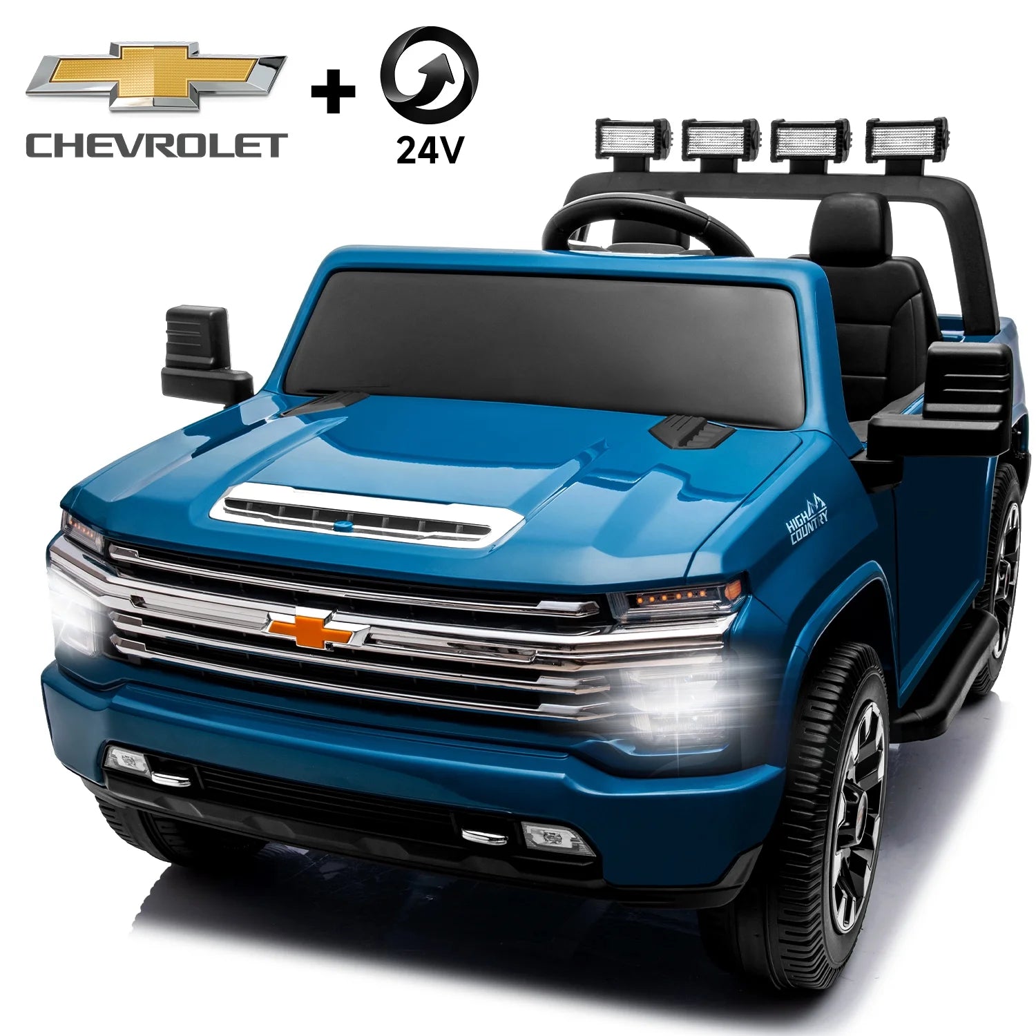 Track 7 24V Ride on Car, Licensed Silverado HD 2 Seater Electric Car for Boys Girls Age 3+, 24V Ride on Truck w/Remote Control, Music, ABC, Blue
