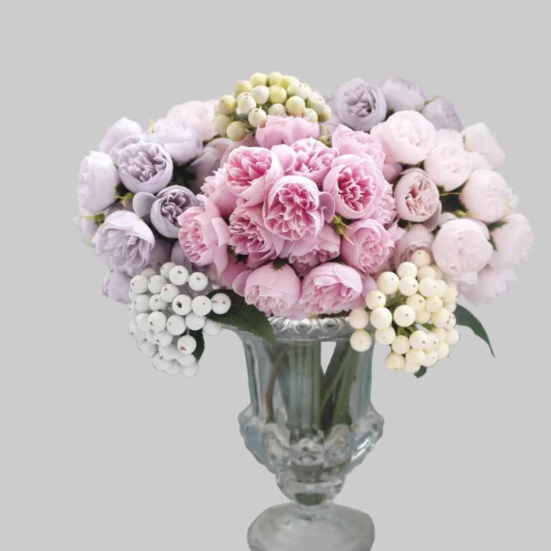 27 Head Artificial Tea Rose & Peony Bouquet – Silk Flowers for Wedding & Home Decor