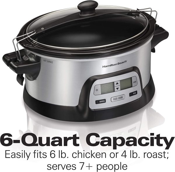 33861 Portable Programmable Slow Cooker, Dishwasher Safe Crock, 6 Qt, FlexCook Dual Digital Timer/2 Heat Settings, Lid Lock for Easy Travel, Silver