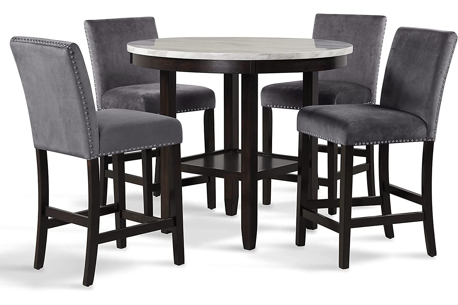 New Classic Furniture Celeste 5-Piece Faux Marble Round Counter Set with 1 Table and 4 Chairs, 42-Inch, Grey