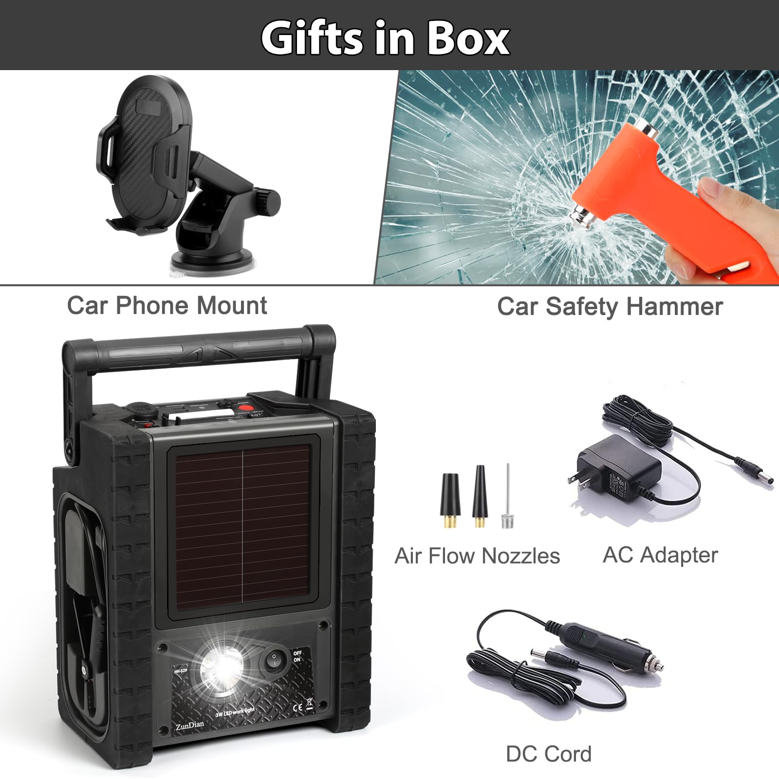ZunDian ZD-529 Solar Portable Power Station 2000 Amps Jump Starter, 260 PSI Air Compressor, 12V Car Battery Charger with 400W Inverter Dual AC/DC/USB Output, Emergency Backup Power with Flashlights