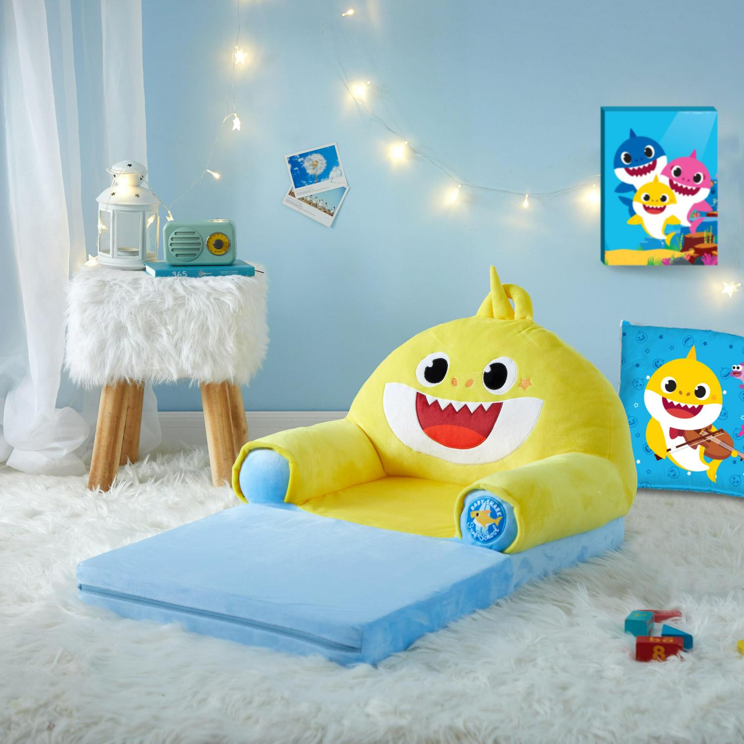 2026 Pinkfong Baby Shark Blue Polyester Comfortable Plush 2-in-1 Flip Out Chair