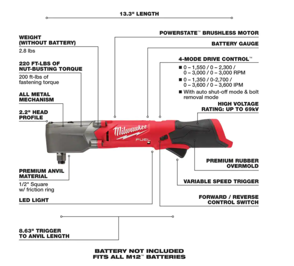2565-20 M12 FUEL 12V Lithium-Ion Brushless Cordless 1/2 in. Right Angle Impact Wrench (Tool-Only)