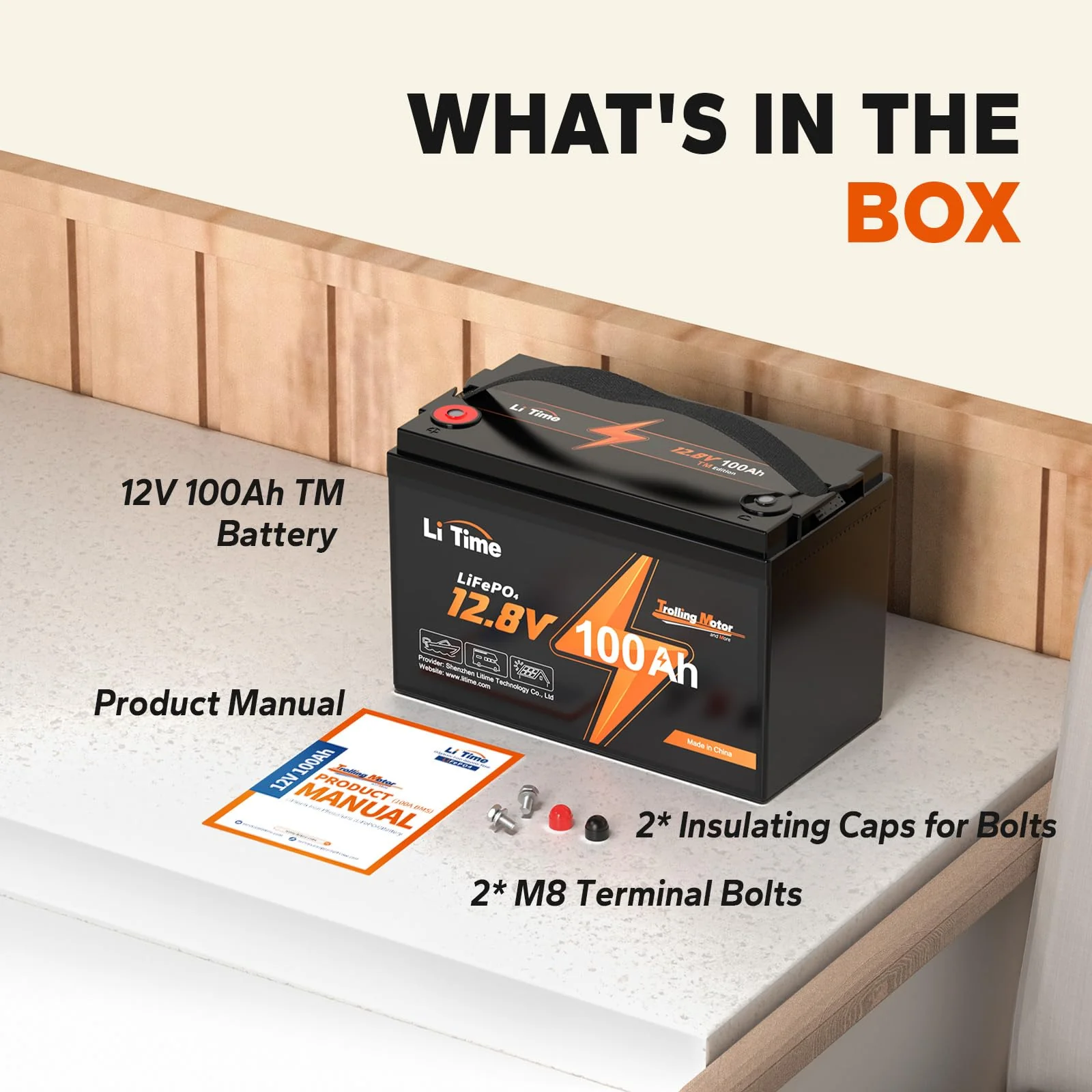 LiTime 12V 100Ah LiFePO4 Battery for Trolling Motors – Built-in 100A BMS, Marine Design, Expandable, 5-Year Warranty