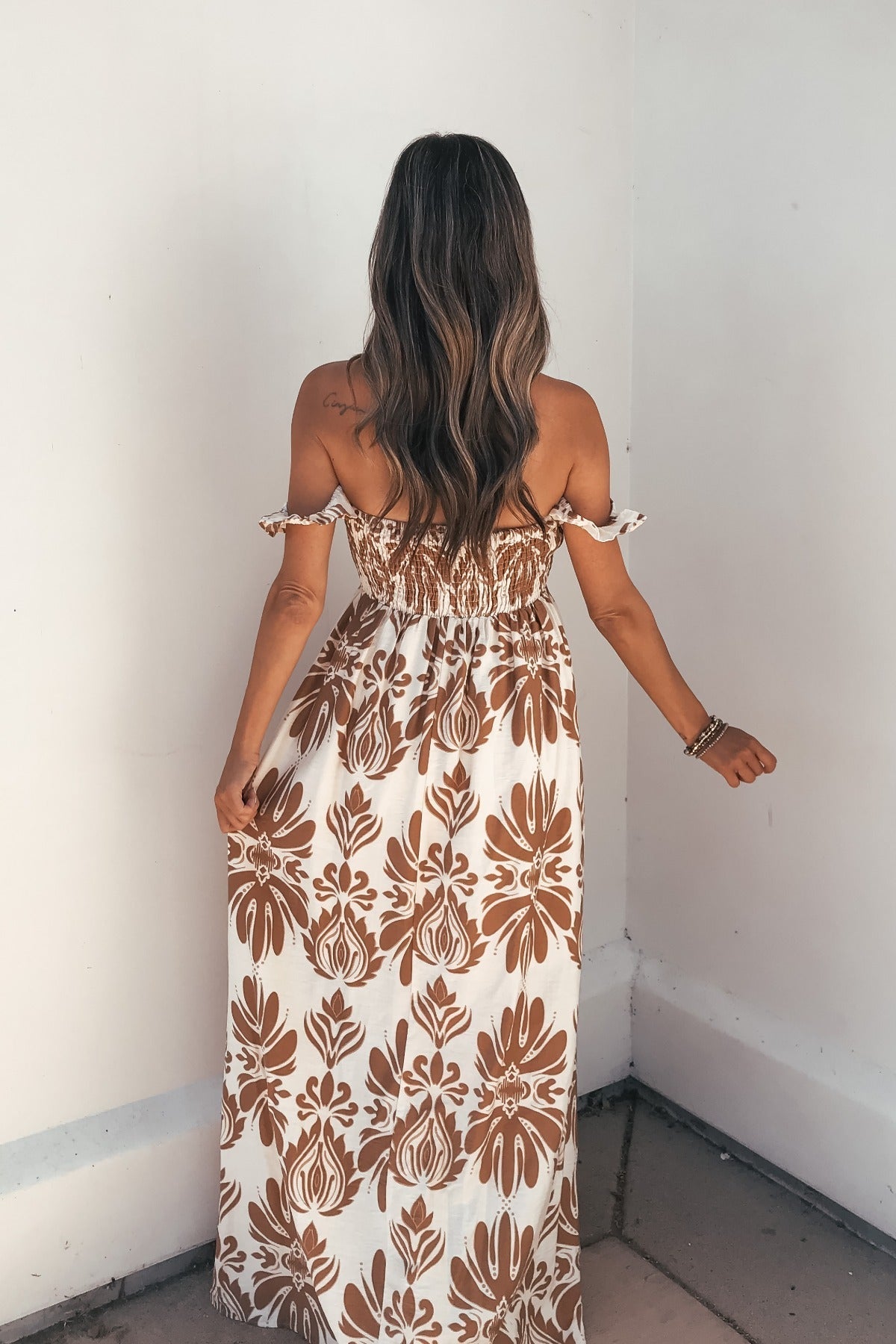 Calista Print Off The Shoulder Maxi Dress – Taupe
