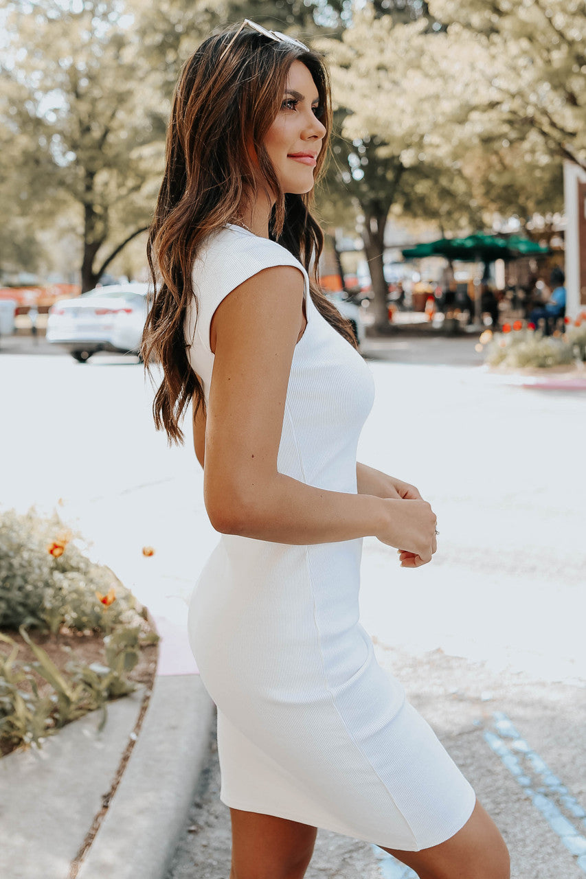 Cap Sleeve White Ribbed Mini Dress