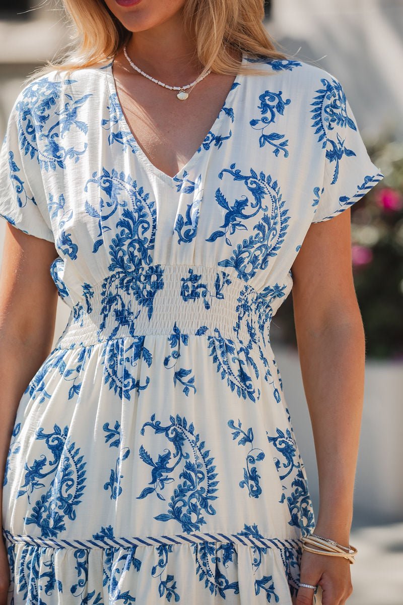 Easton Blue Print Smock Tiered Midi Dress