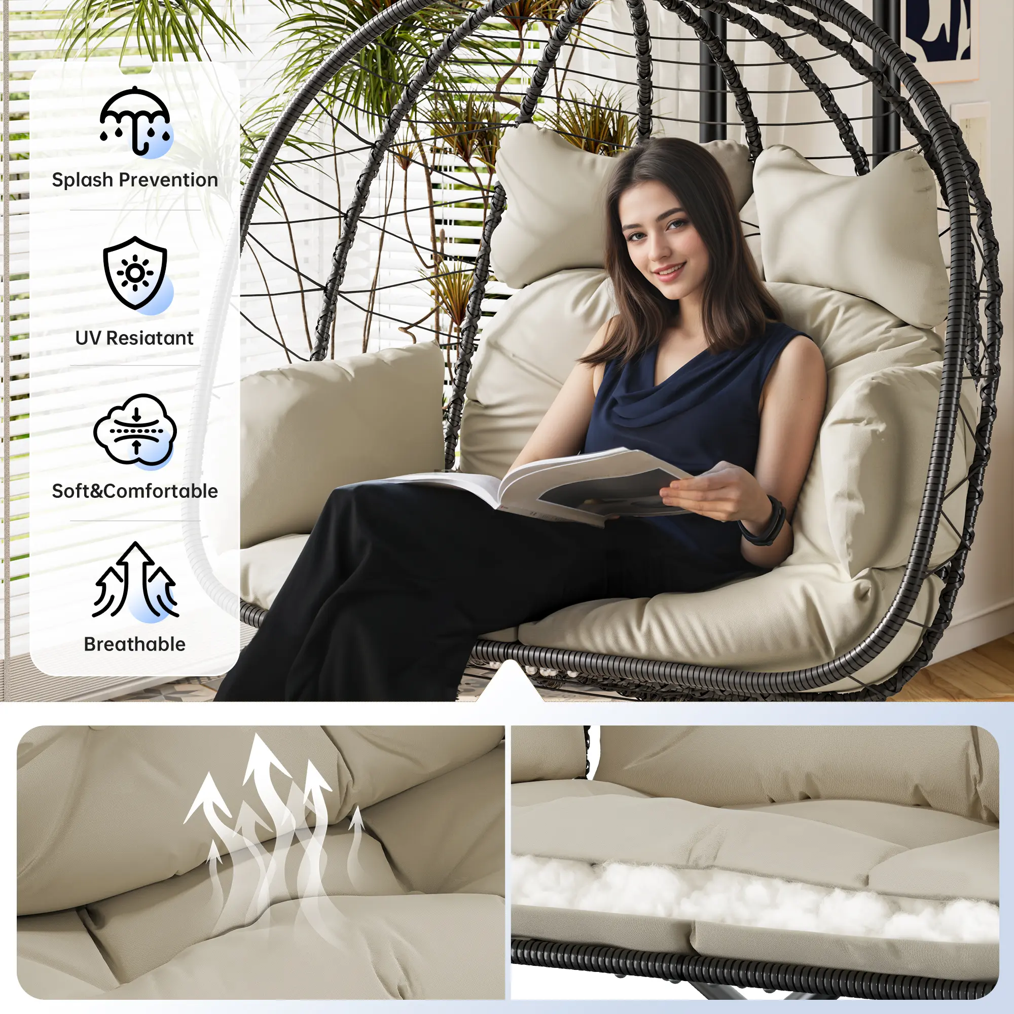 🔥 RIWENGO Double Hanging Egg Chair with Cushion, 700lbs Heavy-Duty Comfort