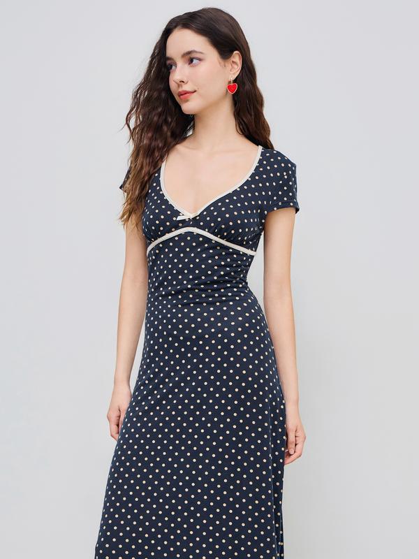 Cider Knit V-neck Spot Bowknot Midi Dress, Women's Polka Dot Print Summer Dress, Cute Dress for Casualoutfits