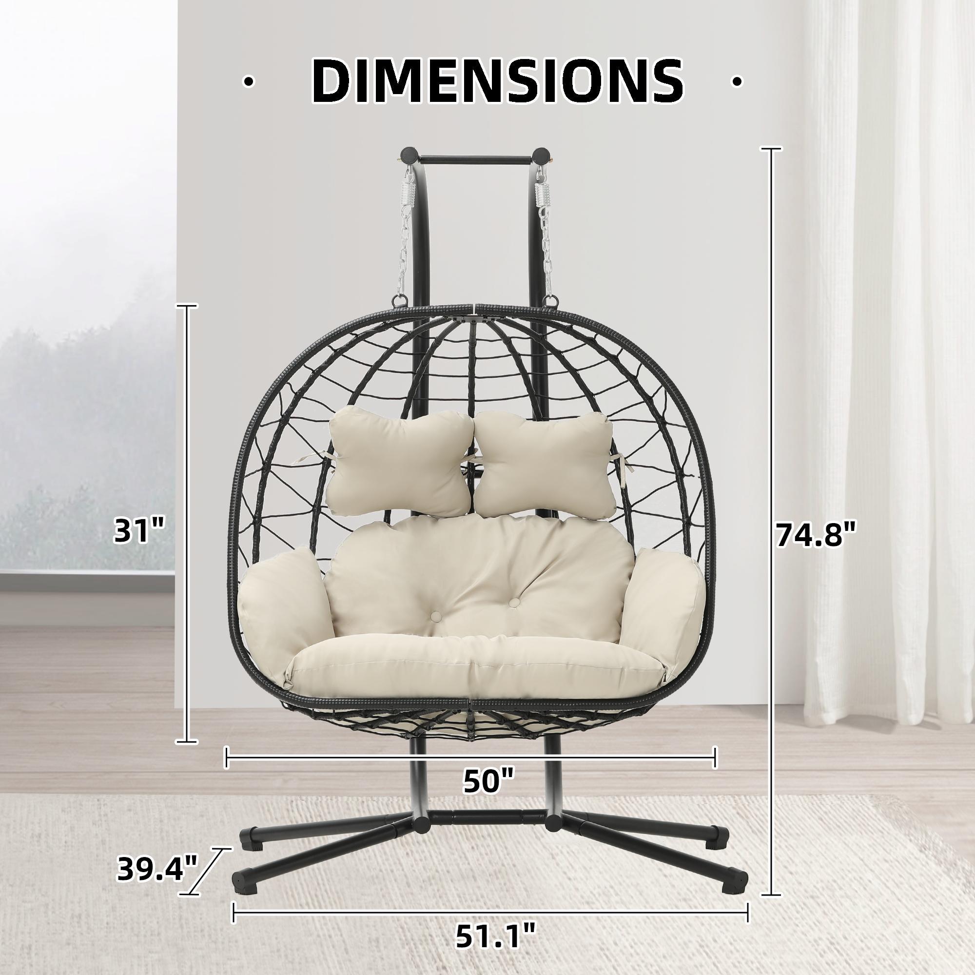 RIWENGO Double Hanging Egg Chair with Cushion, 700lbs Capacity - Foldable Patio Chair with Handwoven PE Wicker & Rust-Proof Frame, for Garden, Porch, Backyard Soft Lounge Swing