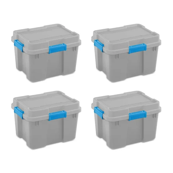 20 Gallon Plastic Home Storage Container Tote Box, Gray/Blue, (4 Pack)
