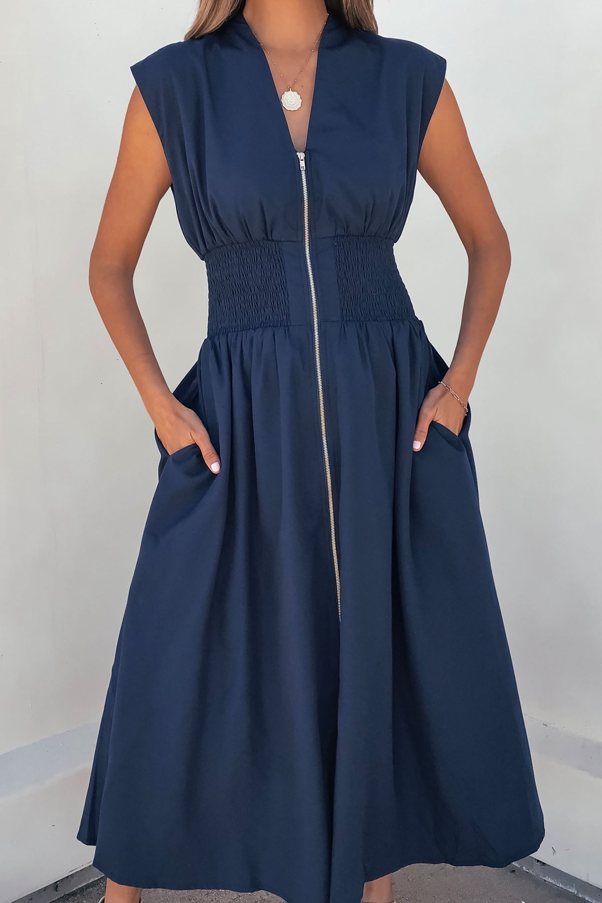 Solid Zip Up Front Midi Dress – Navy