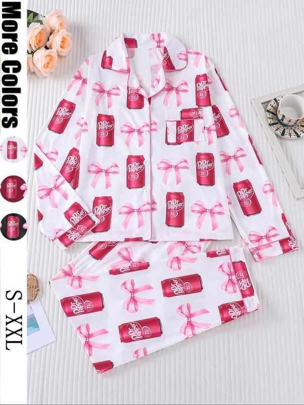 Women's Fall Winter Long Sleeve Sleepwear Set, Casual Soda Print Soft Fabric PJ Set, Comfortable Lapel Top & Wide Leg Pants