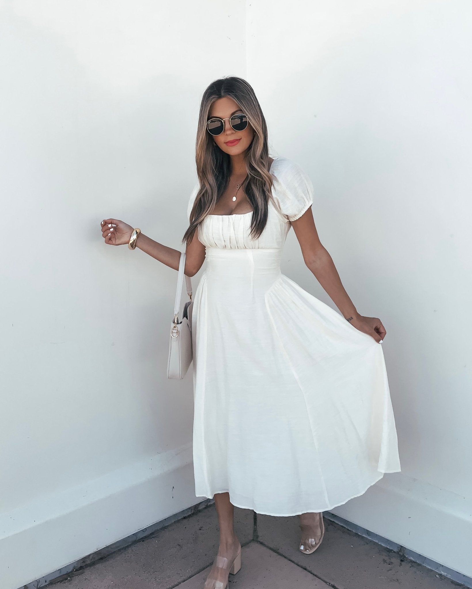 Ivory Puff Sleeve Shirred Midi Dress