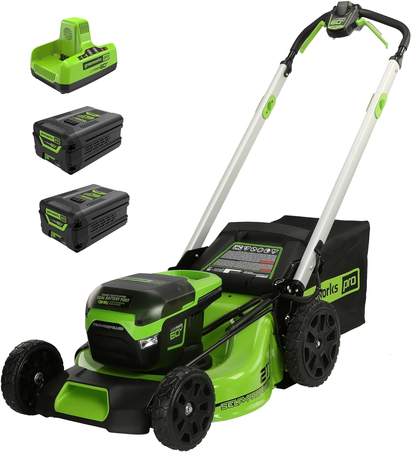Greenworks 60V 21” Cordless (Self-Propelled) Lawn Mower , 2 x 4.0Ah Batteries and Dual Port Rapid Charger  flarmor