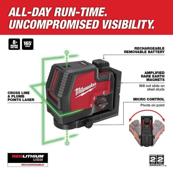 3522-21 Green 100 ft. Cross Line and Plumb Points Rechargeable Laser Level with REDLITHIUM Lithium-Ion USB Battery and Charger