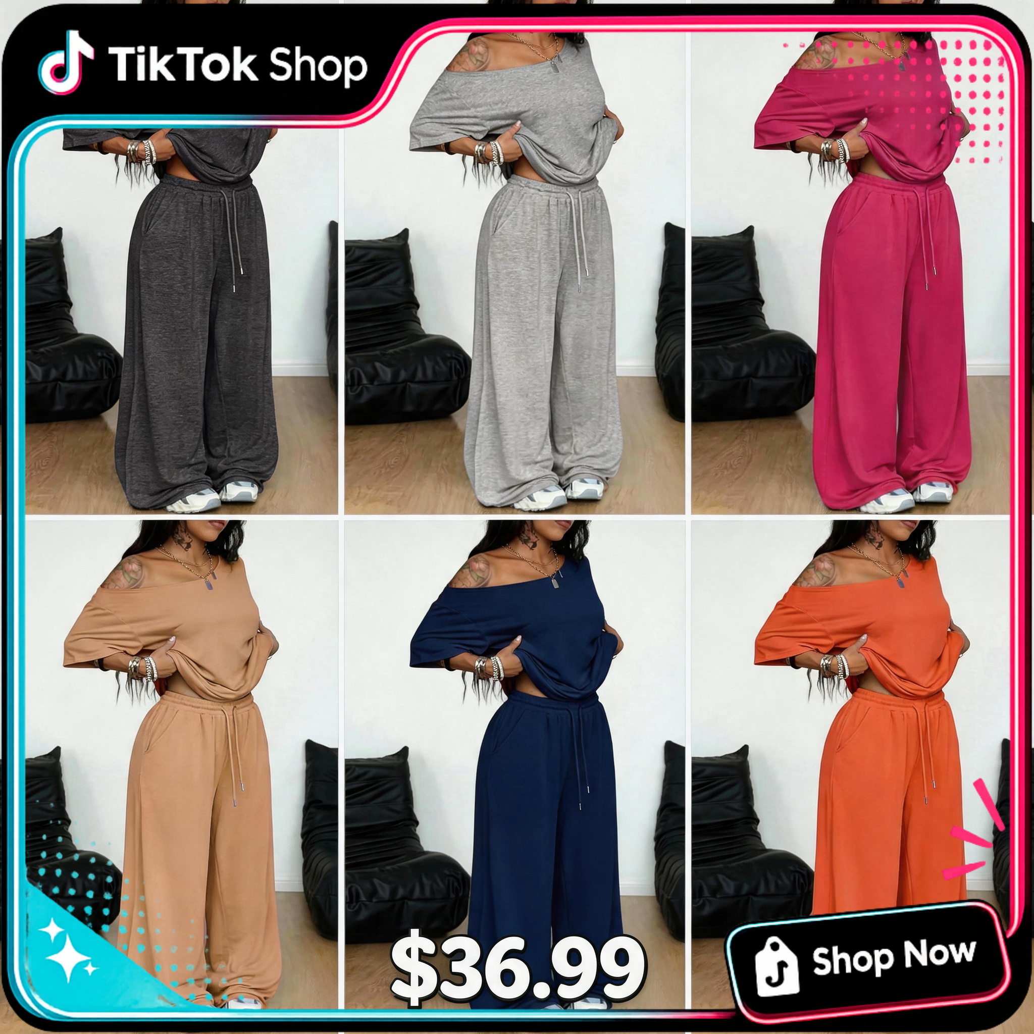 🔥 TikTok Viral Lounge Set 🔥 Off-Shoulder Matching Set – Relaxed & Stylish