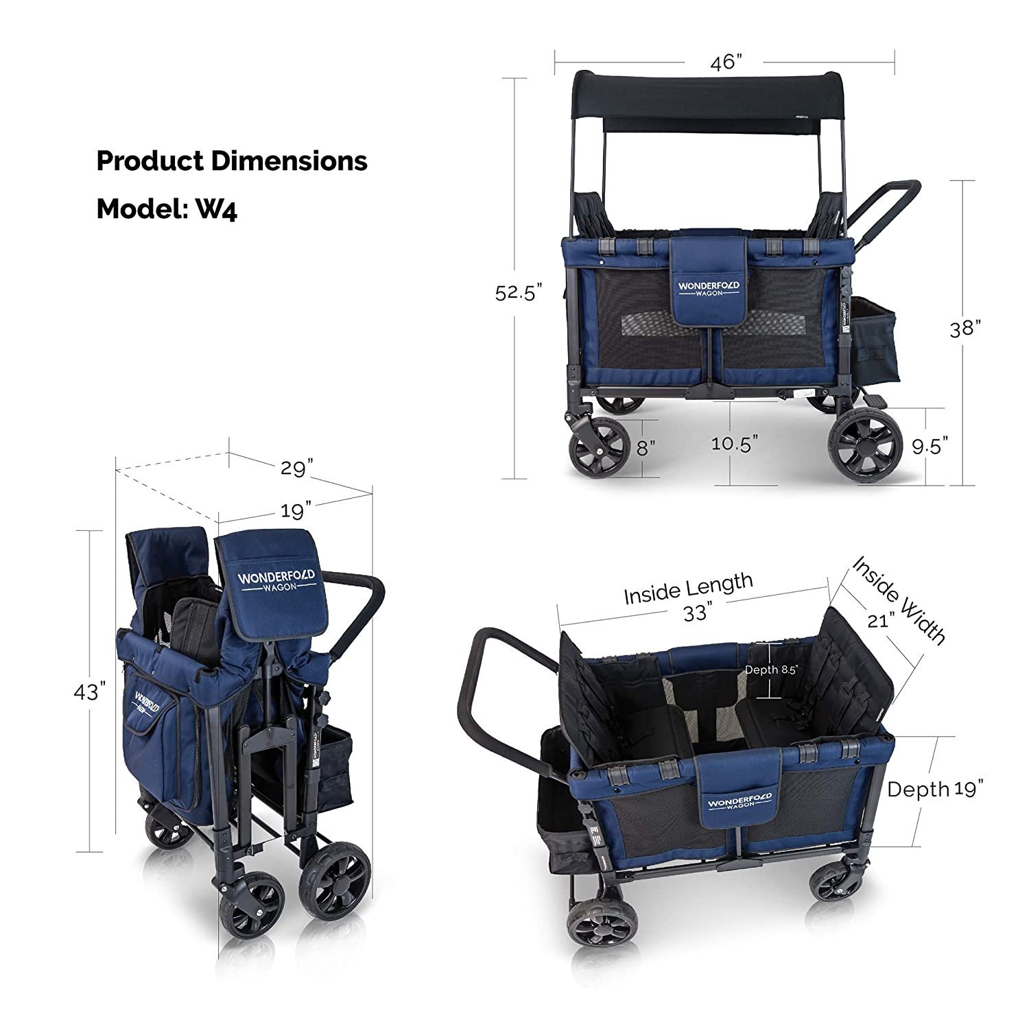 2026 Baby Multi-Function Four Passenger Wagon Folding Quad Stroller with Removable Reversible Canopy & Seats up to 4 Toddlers, Navy