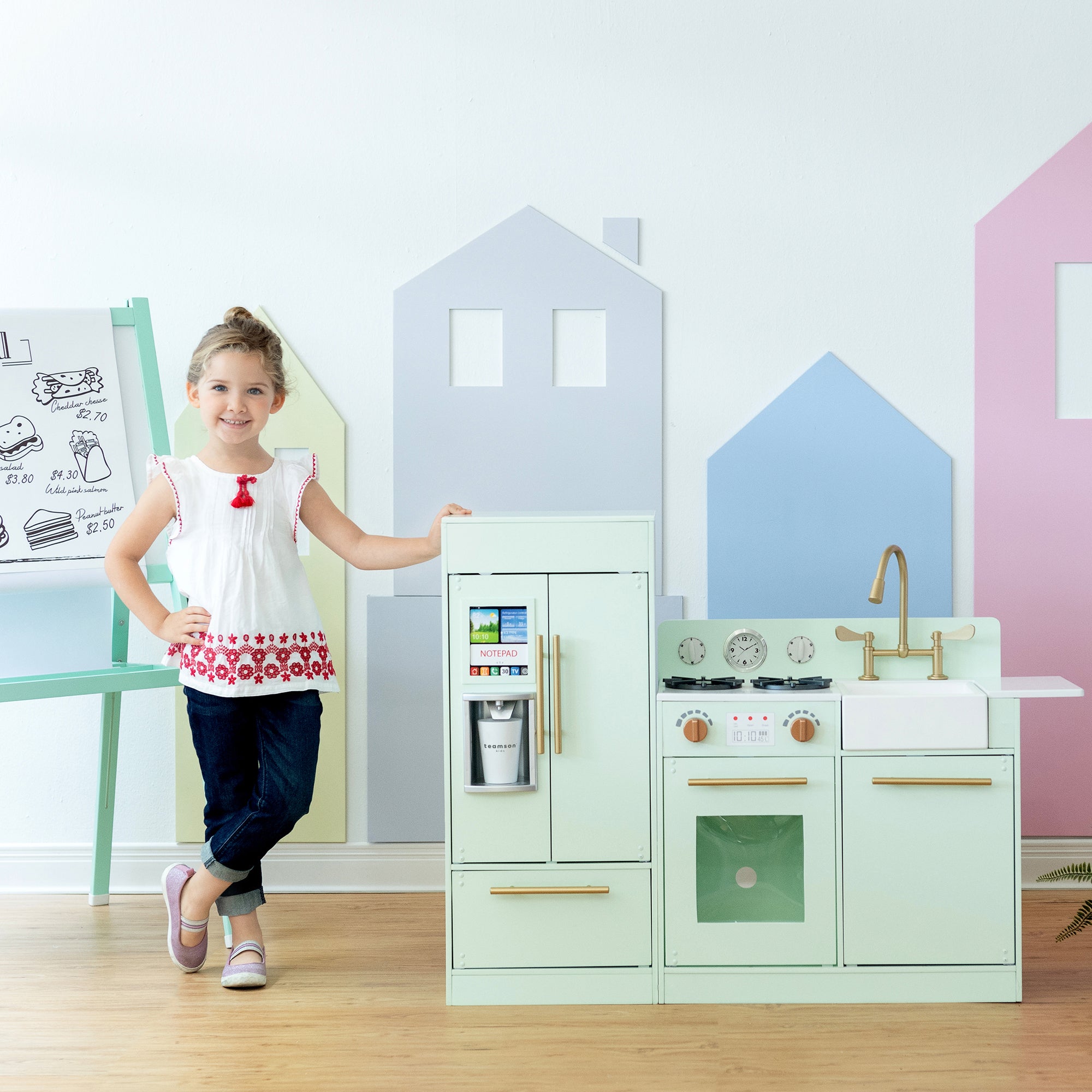 Teamson Kids Little Chef Charlotte Modern Play Kitchen with Free-Standing Refrigerator, Separate Kitchenette Unit, & Interactive Features, Mint