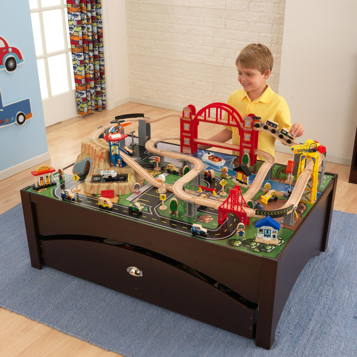 KidKraft Metropolis Wooden Train Set and Table with 100 Pieces and Storage Drawer, Espresso
