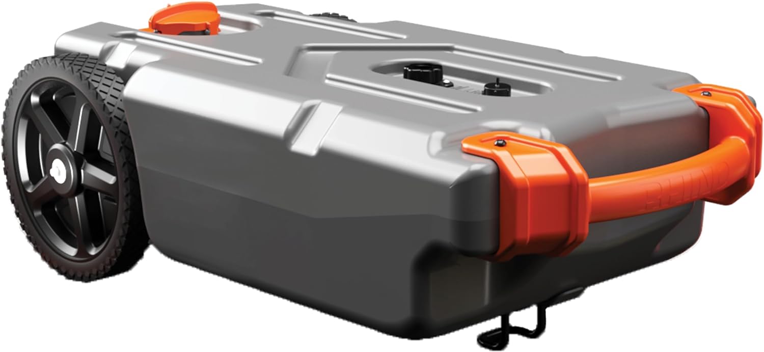 36-Gallon Portable Camper / RV Tote Tank – Features Large Heavy-Duty No-Flat Wheels & Built-In Gate Valve – Removable Steel Tow Adapter, 3’ RV Sewer Hose & More RV Accessories (39006)