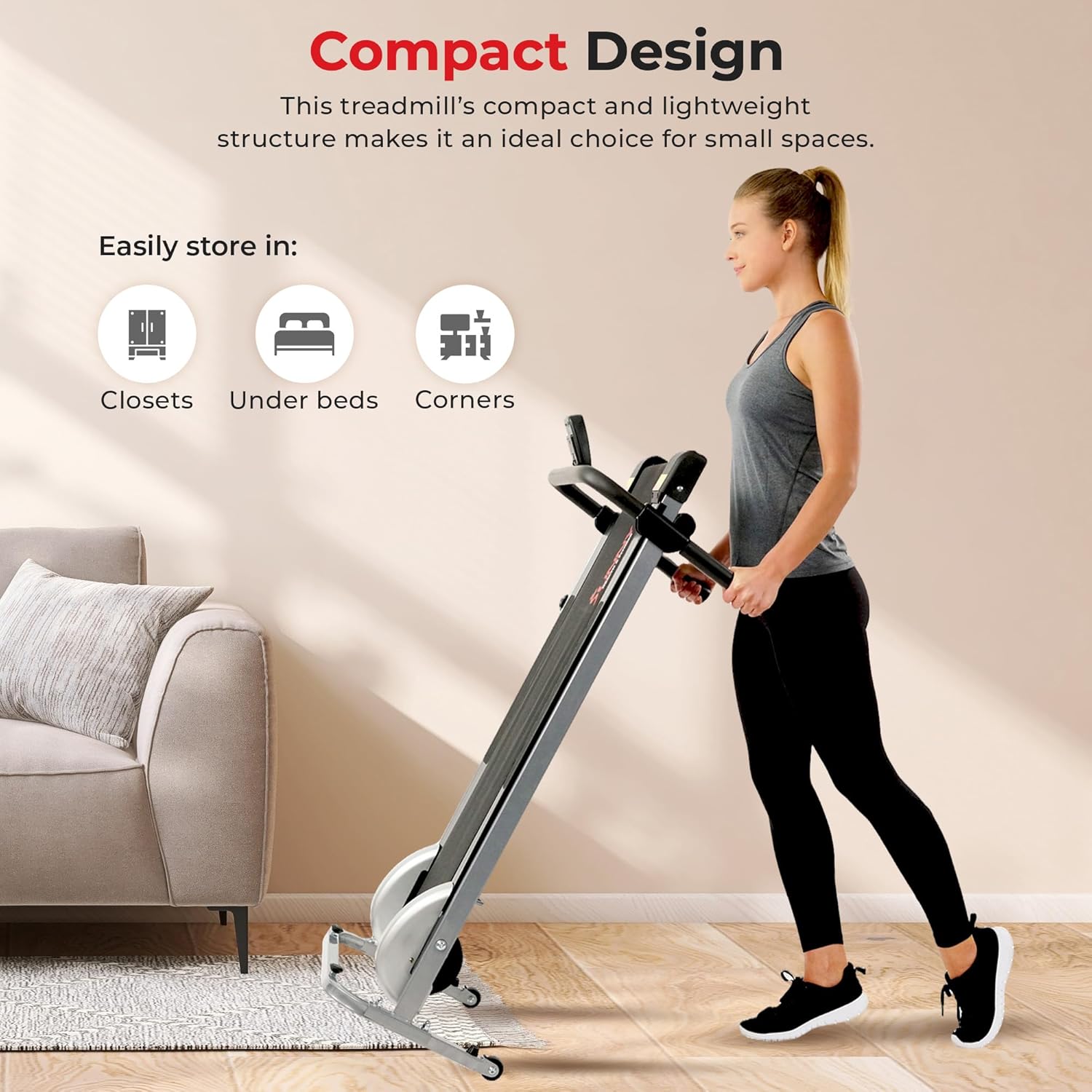 Sunny Health & Fitness Manual Walking Pad Treadmill for Home, Non-Electric, Fixed Incline, Compact with Handle Bar, Digital Monitor, Non-Slip Surface, Optional Free SunnyFit App Bluetooth Connection