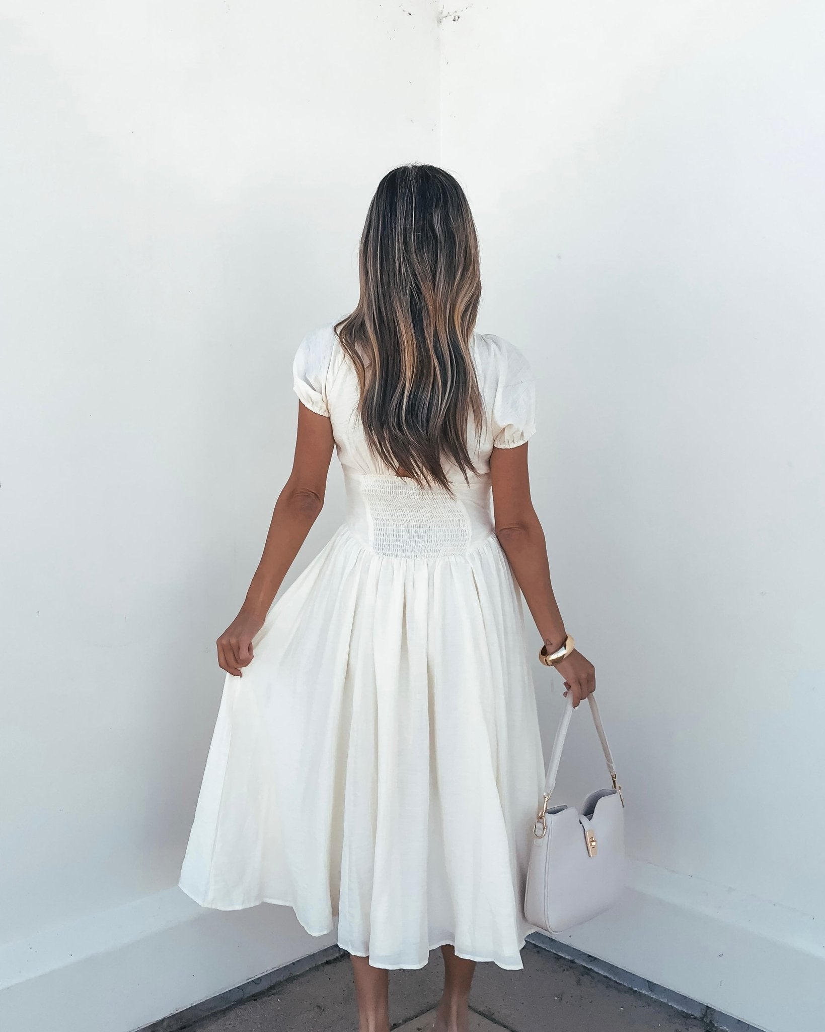 Ivory Puff Sleeve Shirred Midi Dress
