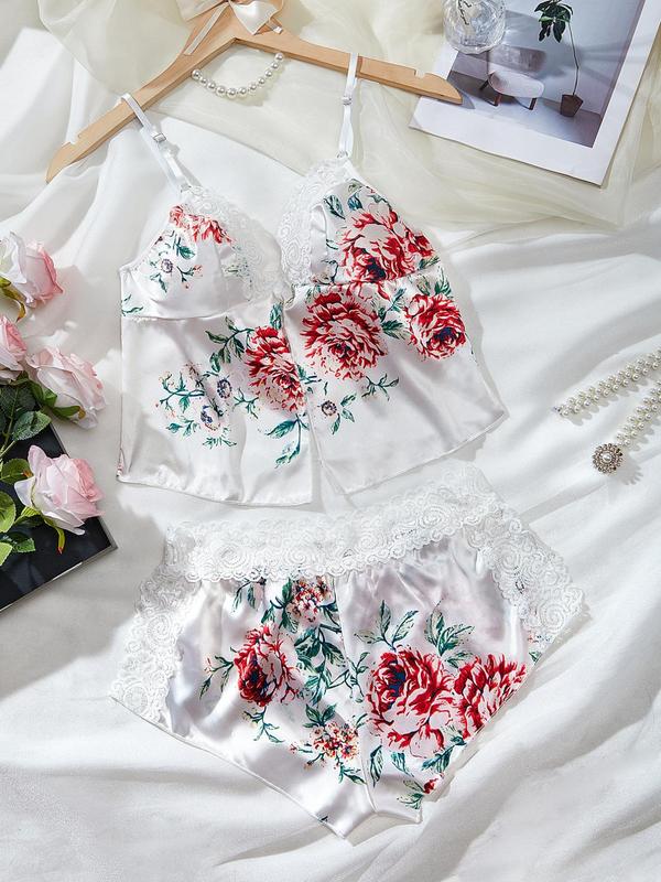 Two-piece Set Women's Floral Print Contrast Lace Pajama Set, Regular Fit Elegance Sexy Style Backless Camisole Top & Split Thigh Shorts, Lady Lounge Co-ord Set for Summer, Casual Womenswear, Sleep Sets