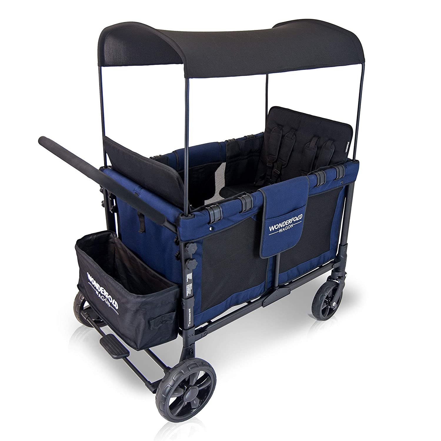 2026 Baby Multi-Function Four Passenger Wagon Folding Quad Stroller with Removable Reversible Canopy & Seats up to 4 Toddlers, Navy