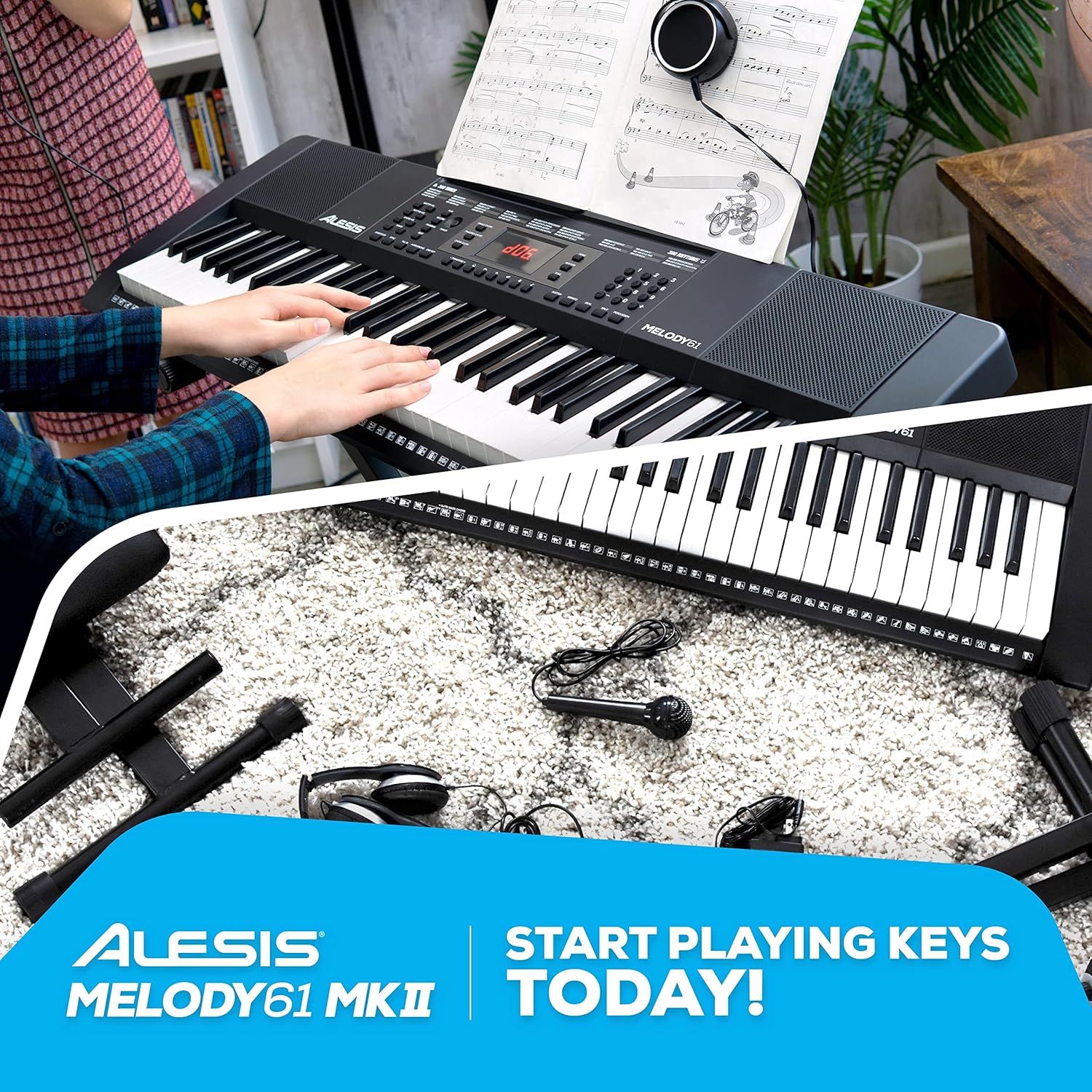 Alesis Melody 61 Key Keyboard Piano with Speakers, Stand, Stool, Headphones, Microphone, Sheet Music Stand, 300 Sounds and Music Lessons